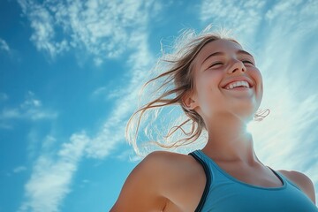 Naklejka premium Joyful Young Woman Smiling Under Blue Sky