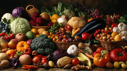 Vibrant Display of Fresh Vegetables and Fruits on a Wooden Table Showcasing a Variety of Colors Textures and Shapes with Natural Lighting