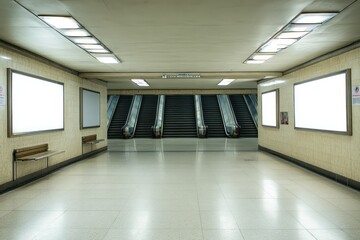 Obraz premium Quiet Subway Station with Escalators and Empty Panels