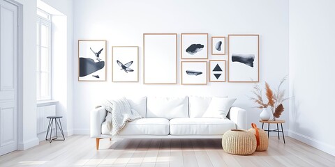 Modern minimalist living room decor with monochrome art prints and a cozy white sofa
