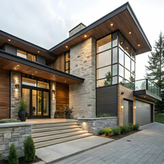 Fototapeta premium The exterior showcases materials like natural stone, brick, and wood siding.