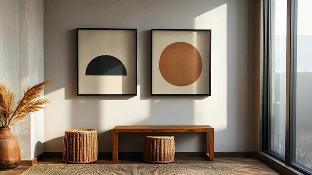 Minimalist Home Decor: Two abstract art prints, featuring a half-circle and a circle in muted earth tones, adorn a light wall above a simple wooden bench and textured stools.