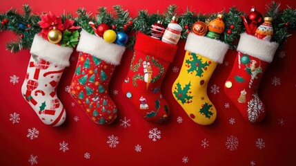 Brightly colored Christmas stockings featuring holly patterns and overflowing with sweets and baubles, set against a bold red background with snowflake accents.