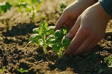 Fototapeta premium Hands Nurturing Young Plants in Soil Garden