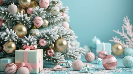 Snowy winter Christmas scene with pastel ornaments, evergreen trees, and soft falling snow.
