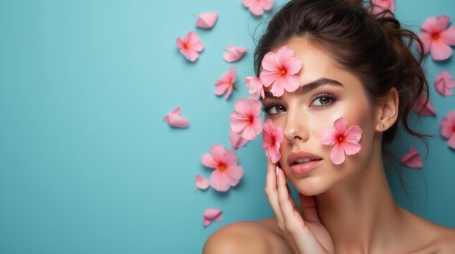 Beautiful young hispanic latina woman with flowers and petals on her face. Beauty parlor horizontal banner concept, copyspace Blue background.