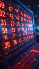 Obraz premium An energetic illustration of a computer screen glowing with winning lottery numbers, surrounded by light effects, symbolizing the excitement of winning big.