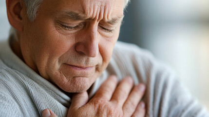 Fototapeta premium Elderly Man with Hand on Chest Displaying Signs of Pain or Discomfort While Deep in Thought or Reflection in a Subdued Indoor Setting