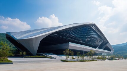A sports arena with a striking, angular roof design that appears to float above the structure on slender supports