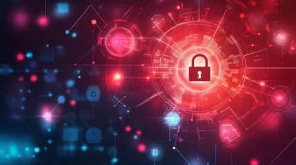 Cybersecurity, digital lock, data protection, network security, red and blue abstract background.
