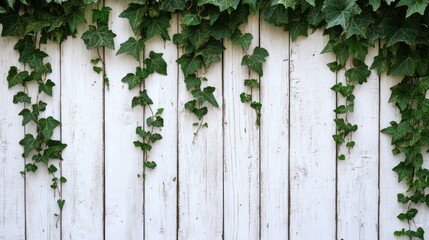 Ivy vines growing on a rustic white wooden wall.