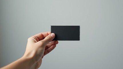 Minimalist image of a hand holding a black and white movie ticket with a plain background, focusing on simplicity and clarity, with high-contrast lighting.