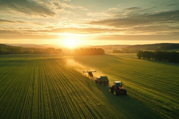 Fototapeta premium Tractors Working in Golden Sunset Over Fields