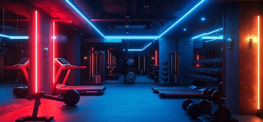 Fototapeta premium Modern gym interior with vibrant neon lighting and fitness equipment.