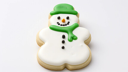 Fototapeta premium Snowman-shaped Cookie with White Frosting and Green Scarf on Snowflakes