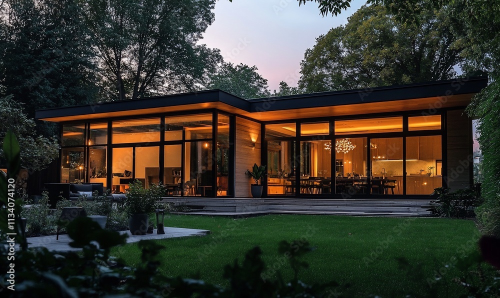 Poster modern home with large windows, illuminated in evening light.