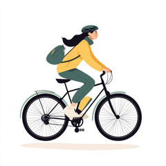 Obraz premium woman riding bicycle, wearing helmet and backpack, in casual outfit. scene conveys sense of freedom and adventure