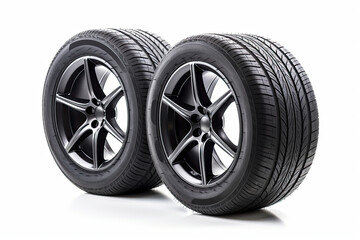 A Set of Car Tires and Wheels Isolated on a White Background - Automotive Accessories and Spare Parts