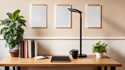 Fototapeta premium Real photo of wooden desk with fresh plant black lamp coffee cup and books standing on half-wall with simple posters