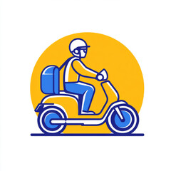 Delivery rider on scooter with backpack, set against bright yellow circle, symbolizes fast and efficient service. Ideal for delivery and transportation themes