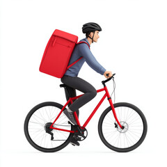 Naklejka premium delivery person riding red bicycle with large red backpack, showcasing modern and efficient delivery service. scene conveys sense of speed and reliability