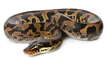 Obraz premium Full-body image of a ball python coiled on a white background.