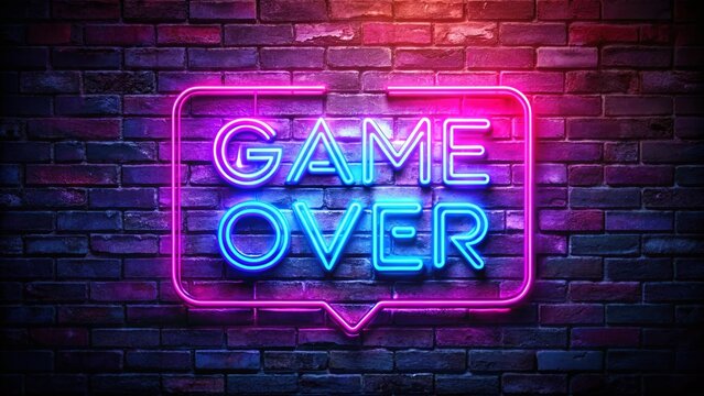 Neon Game Over Sign - Purple Blue Glow on Brick Wall - Trendy Fashion Photography