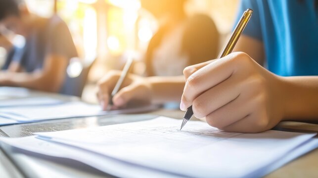 Student taking exams writing examination on paper answer sheet optical form of standardized test on desk doing final exam in classroom Examination sitting on row chair in school