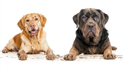 Fototapeta premium FUNNY DIRTY MIXEDBRED GOLDEN OR LABRADOR RETRIEVER AND MASTIFF DOG AFTER PLAY IN A MUD PUDDLE MAKING GUILTY FACE ISOLATED AGAINST WHITE BACKGROUND STUDIO SHOT WITH COPY SPACE