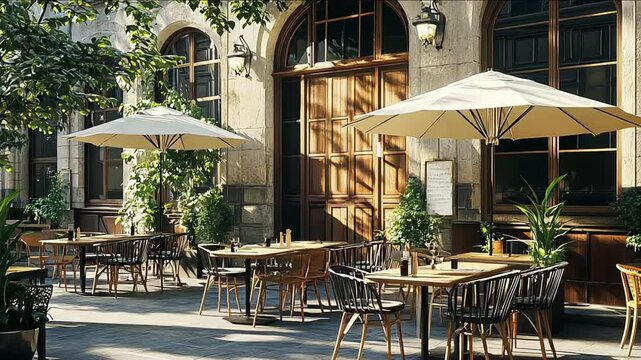 A European cafe patio with wicker tables and chairs set up on a cobblestone street in the sun