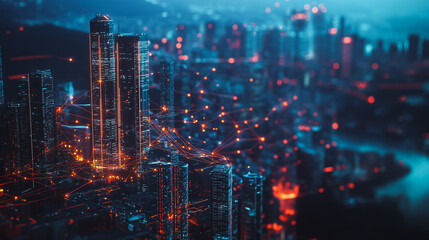Obraz premium Smart digital Innovation city with connection network reciprocity over the cityscape. of future smart wireless digital city and social media networking systems that connects people with in city