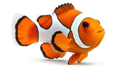 Full-body image of a clownfish swimming in a white background.