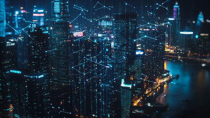 Naklejka premium Smart digital Innovation city with connection network reciprocity over the cityscape. of future smart wireless digital city and social media networking systems that connects people with in city