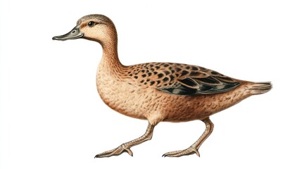 Full-body image of a duck walking with a curious expression on a white background.
