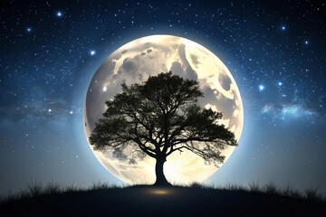 Mystical tree with view of the moon bight starry sky and glowing clouds