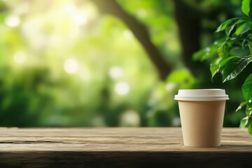Coffee mug on a timber table with an out-of-focus background emphasizing eco-friendly packaging for environmentally aware goals
