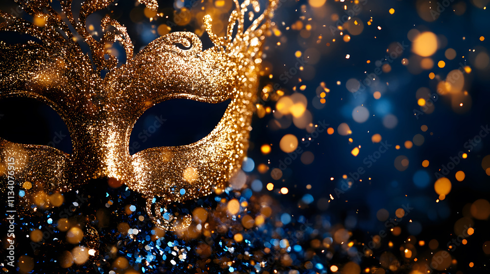 Poster a shimmering golden mask glimmers against a dark background, surrounded by sparkling bokeh lights, e