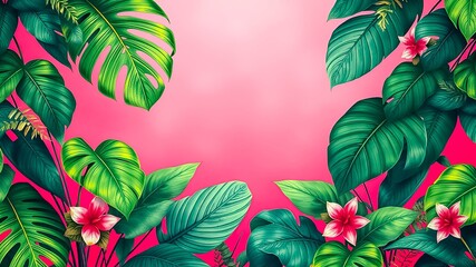 Fototapeta premium Vibrant Pink Background Framed by Lush Tropical Foliage and Delicate Flowers
