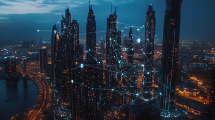 Naklejka premium Smart digital Innovation city with connection network reciprocity over the cityscape. of future smart wireless digital city and social media networking systems that connects people with in city