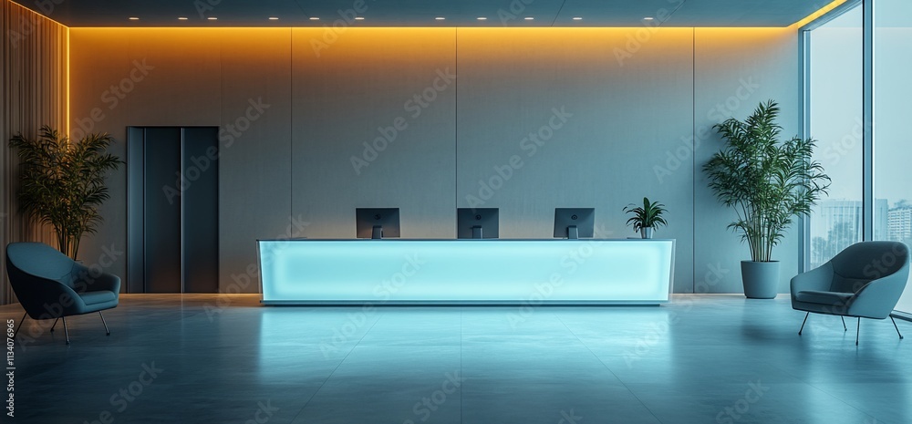 Poster modern office reception area with sleek design and ambient lighting.