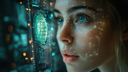 Future of Biometrics: Woman's Face with Digital Overlay