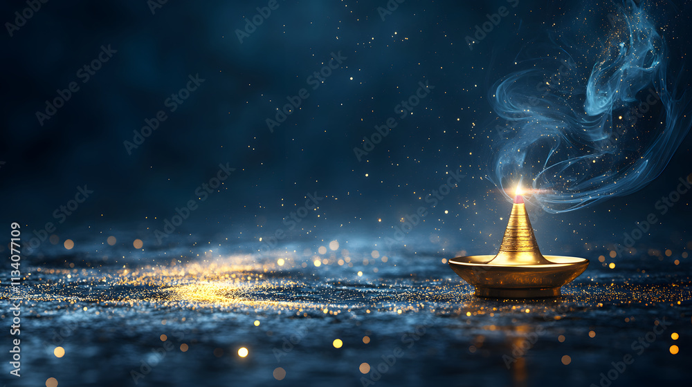 Poster a golden lamp emits light and smoke against a dark, sparkly background, creating a mystical atmosphe