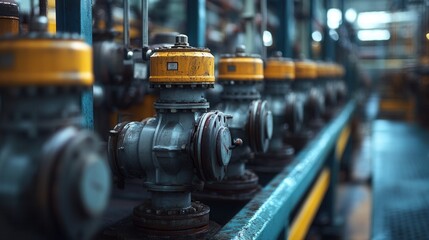 Fototapeta premium Industrial valve operation in manufacturing facility close-up perspective mechanical engineering dark lighting environment