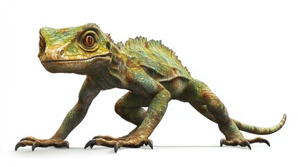 Fototapeta premium Full-body image of a lizard climbing with detailed scales on a white background.