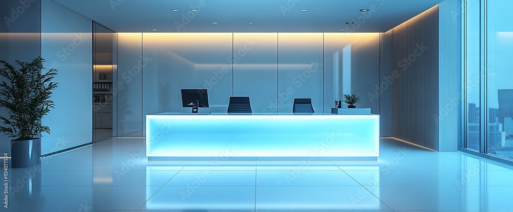 Poster modern reception area with glowing desk and minimalist design.