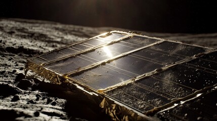Detailed closeup of lunar satellites dusty solar panels in harsh light