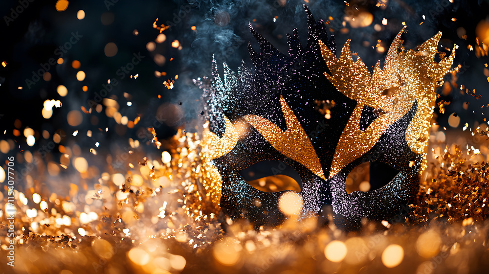 Poster a shimmering mask adorned with golden accents, surrounded by sparkling particles, evokes a sense of 