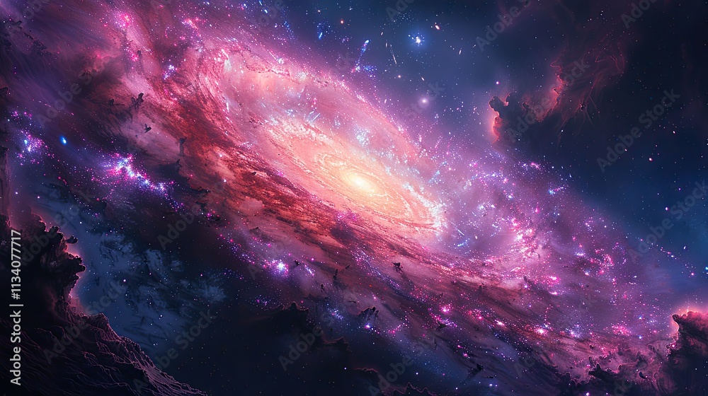 Wall mural vivid pink galaxy with radiant stars surrounded by deep purple and blue cosmic space.