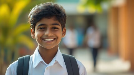 Obraz premium Teenaged Indian boy with a bright smile and a school uniform.