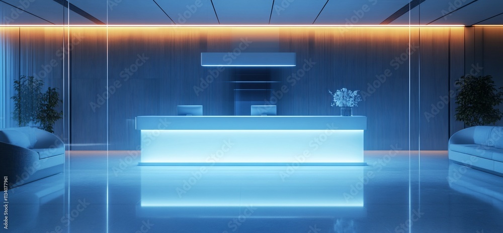 Poster modern reception area with glowing desk and minimalist design.